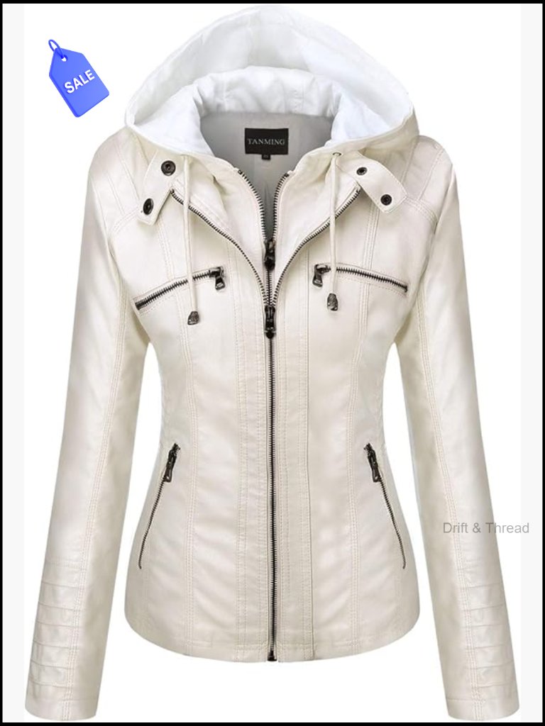 Hooded Faux Leather Moto Jacket Slim Fit Biker Coat